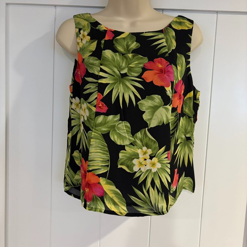 August Silk 100% silk tank top, black tropical print, size M - Picture 1 of 4